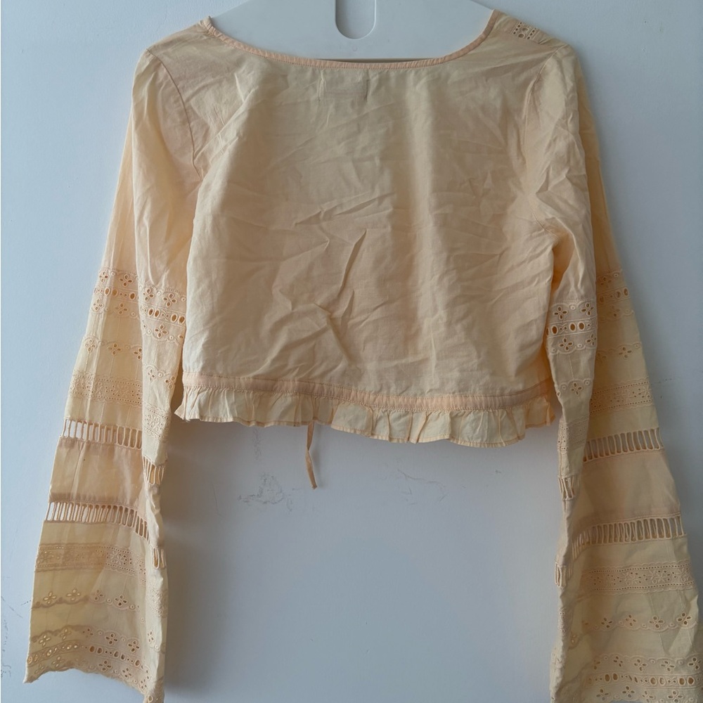 NWOT eyelet crop blouse ruffle trim drawstring crop cotton long sleeve boho top - Picture 2 of 8